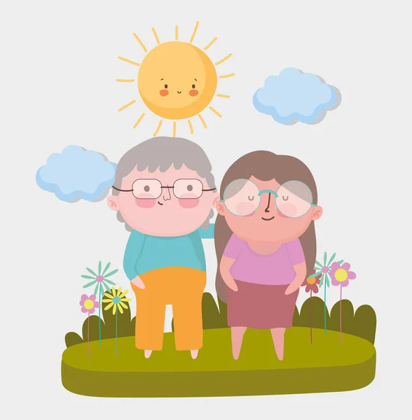 Fröhlicher Großelterntag, älteres Ehepaar steht Grasblumen Landschaft Karikatur — Stockvektor
