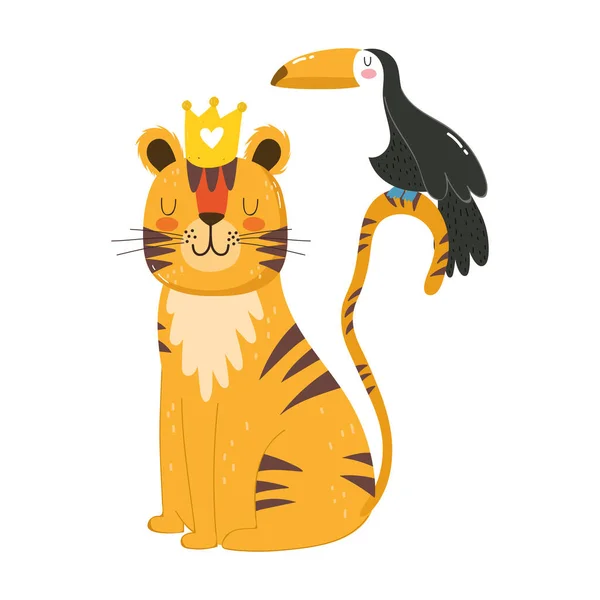 Lindo tigre tucán búho naturaleza salvaje dibujos animados aislado icono de diseño — Archivo Imágenes Vectoriales