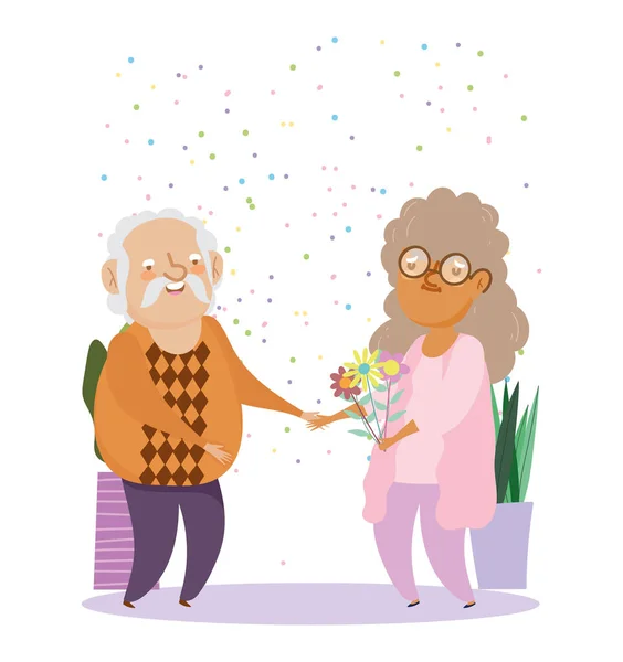 Щасливий день бабусі і дідуся, літня пара мультфільм, бабуся з квітами персонажів — стоковий вектор