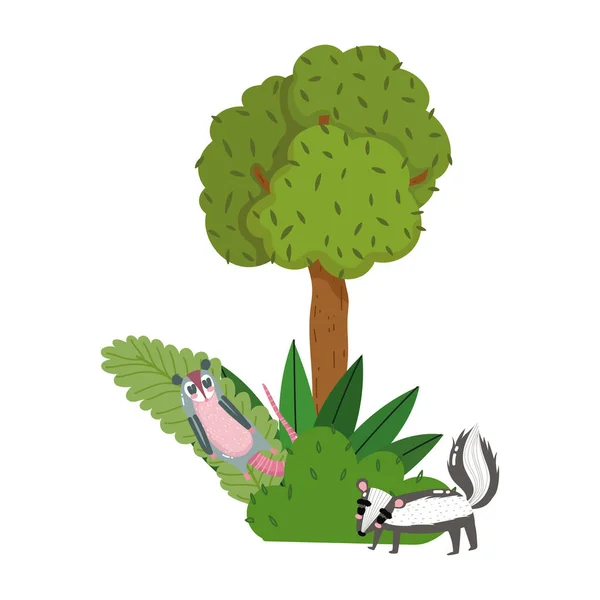 Lindo zarigüeya y zorrillo animales hierba árbol naturaleza salvaje dibujos animados — Vector de stock