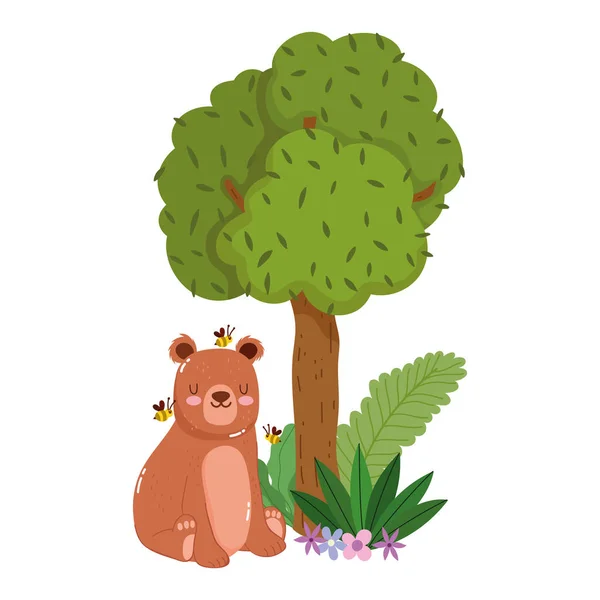 Słodkie zwierzęta niedźwiedź siedzi z pszczoły na trawie drzewo natura dzika kreskówka — Wektor stockowy