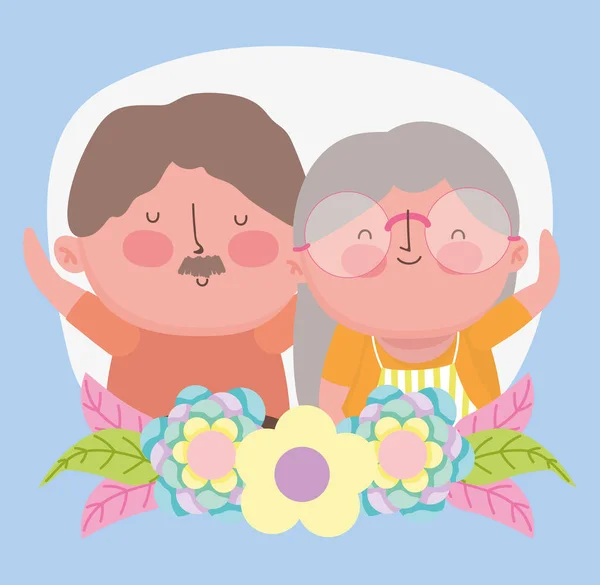 Feliz dia dos avós, flores de casal velho retrato desenhos animados —  Vetores de Stock