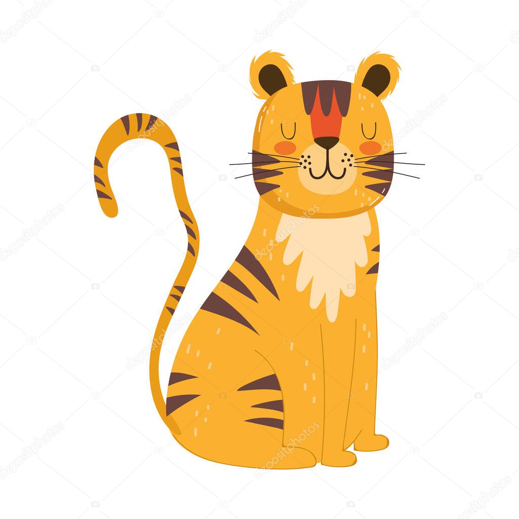 cute animals tiger sitting cartoon isolated icon design white background