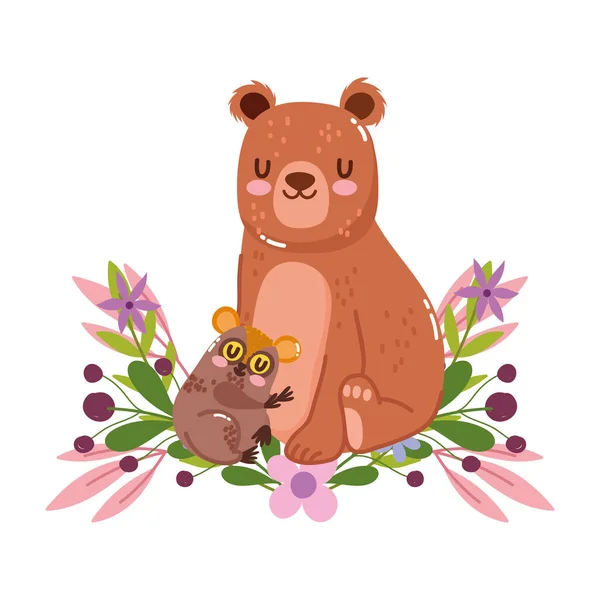 Милые животные медведь и тарсиус цветы листвы природы украшения мультфильм — стоковый вектор