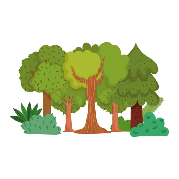 Лісові дерева кущі трава листя рослини зелень мультфільм дизайн — стоковий вектор