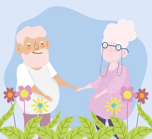 Feliz día de los abuelos, pareja de ancianos con flores follaje naturaleza dibujos animados — Archivo Imágenes Vectoriales