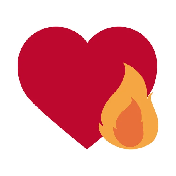 Amor corazón llama fuego caliente romántico pasión plana estilo icono — Vector de stock