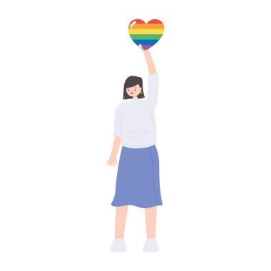 lgbtq topluluk gururu, genç kadın gökkuşağı kalbi elde izole edilmiş karikatür ikon tasarımı