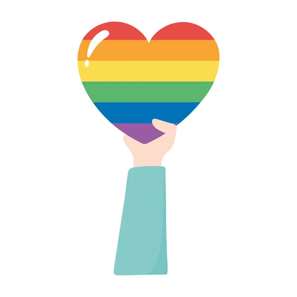 Lgbtq orgulho da comunidade, mão com arco-íris coração desfile celebração isolado ícone design — Vetor de Stock