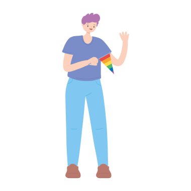 lgbtq topluluk gururu, gökkuşağı bayrak karakterli genç adam ikon tasarımı