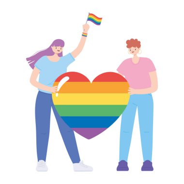 LGBTQ toplumu, genç kadınlar gökkuşağı kalbi sevgisi, eşcinsel geçit töreni cinsel ayrımcılığı protesto ediyor