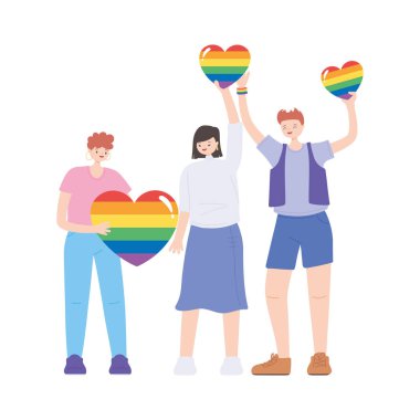 LGBTQ topluluğu, gökkuşağı kalpli çeşitli gruplar, eşcinsel geçit töreni cinsel ayrımcılık protestosu