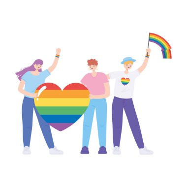 LGBTQ topluluğu, gökkuşağı yürekli ve bayrak taşıyan gençler, eşcinsel cinsel ayrımcılık protestosu