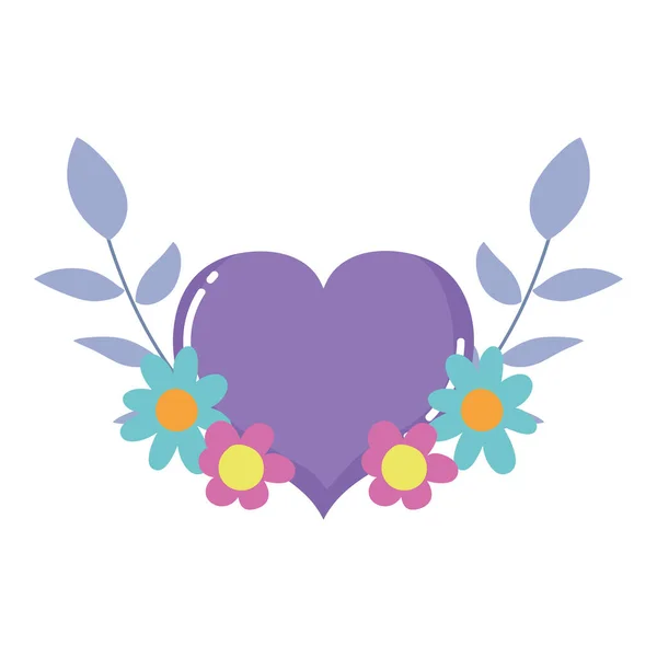 Corazón púrpura amor flores follaje aislado icono diseño fondo blanco — Archivo Imágenes Vectoriales