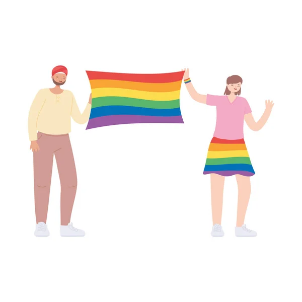 LMBTQ közösség, férfi és női sokszínűség szivárvány zászlóval, meleg felvonulás szexuális diszkrimináció tiltakozás — Stock Vector