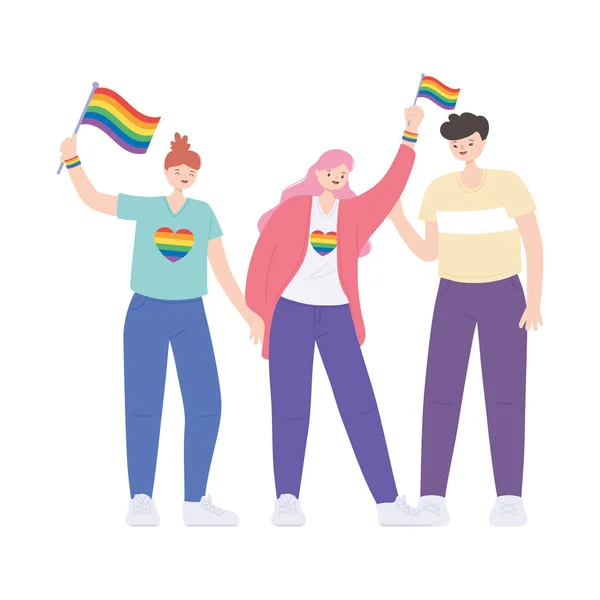 LMBTQ közösség, aktivisták részt vesznek lgbtq büszkeség szivárvány zászlók — Stock Vector