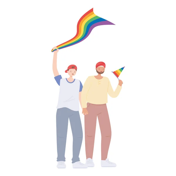 LGBTQ gemeenschap, jonge mannen met regenboog vlaggen, gay parade seksuele discriminatie protest — Stockvector