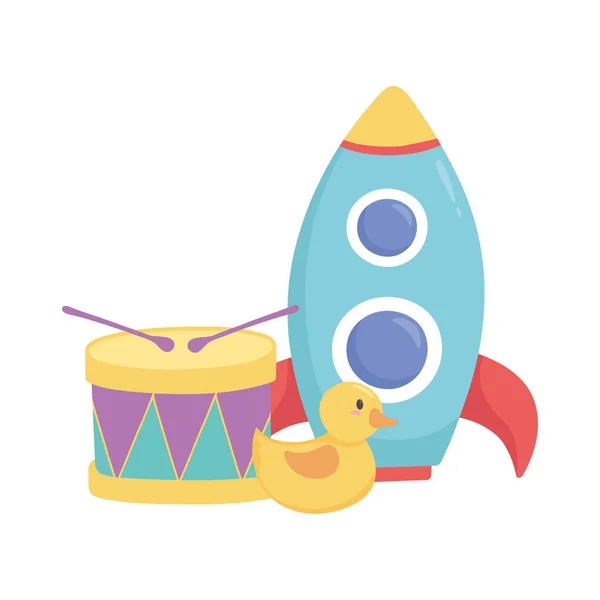 Niños juguetes cohete pato y tambor objeto divertido dibujos animados — Archivo Imágenes Vectoriales