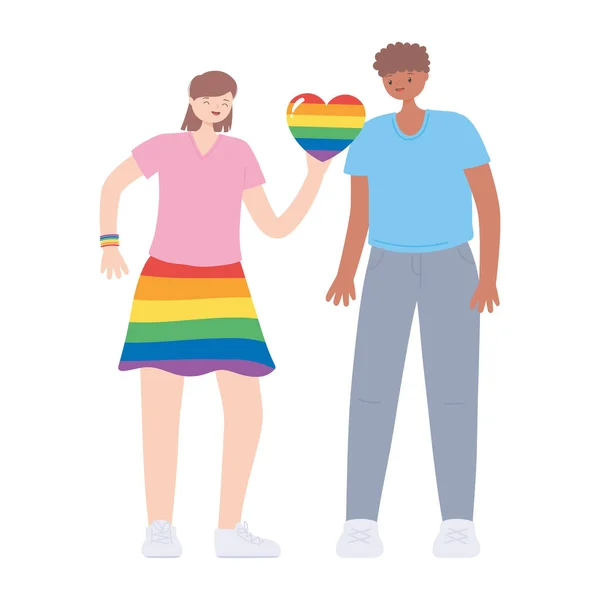 LGBTQ topluluğu, gökkuşağı etekli kadın ve kalbi genç adam karikatürü, eşcinsel cinsel ayrımcılık protestosu — Stok Vektör