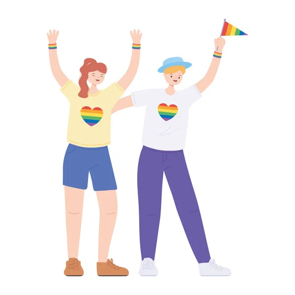 ЛГБТК-сообщество, молодые лесбиянки, празднующие карикатуру, гей-парад сексуальной дискриминации — стоковый вектор