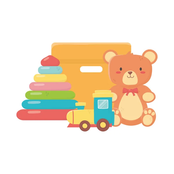 Kids toys object amusing cartoon teddy bear pyramid train and cardboard box — Stock Vector