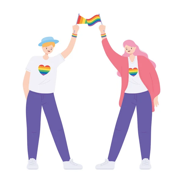 LMBTQ közösség, fiatal nők szivárvány zászlókkal és szívekkel szerelem, meleg felvonulás szexuális diszkrimináció tiltakozás — Stock Vector
