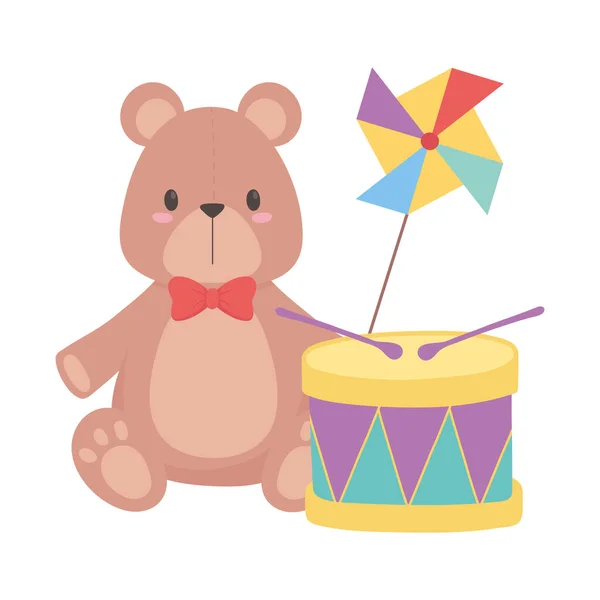 Toys object for small kids to play cartoon teddy bear drum and pinwheel — Stock Vector