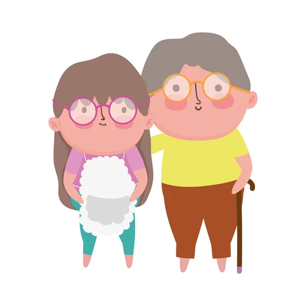 Happy grandparents day, cute old couple with walk sticks cartoon — Stock Vector