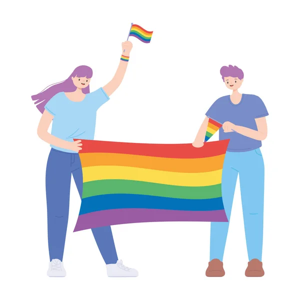 ЛГБТК сообщество, счастливые мужчина и женщина с радужным флагом празднование, гей-парад сексуальной дискриминации протест — стоковый вектор