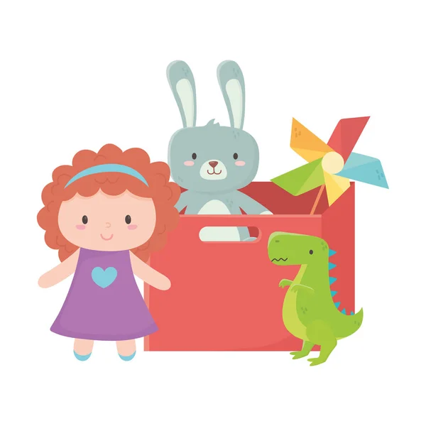 Παιδιά παιχνίδια αντικείμενο διασκεδαστικό κινούμενο σχέδιο κόκκινο κουτί με αρκουδάκι pinwheel μπάλα δεινόσαυρος και κούκλα — Διανυσματικό Αρχείο
