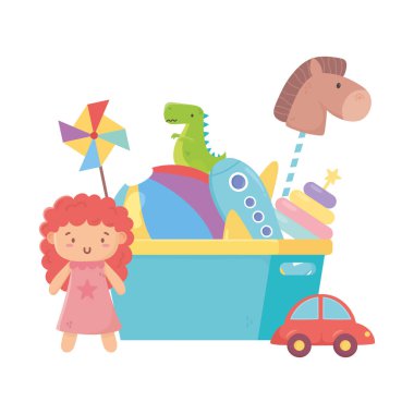 Çocuklar oyuncaklar komik çizgi film kovasına itiraz eder. Tam top topu, dinozor bebeği ve araba.