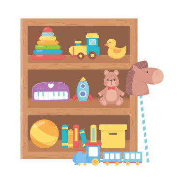 Çocuklar oyuncak, roket ayı top kitaplarından ördek, çizgi film nesneleri, ahşap raflar.