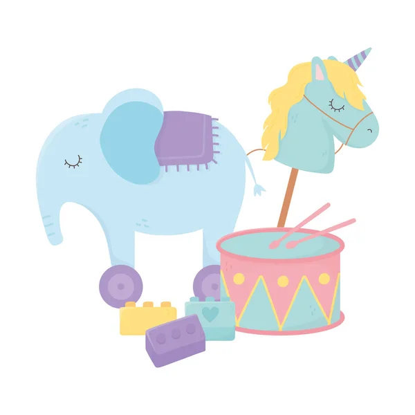 Kinder Spielzeug Elefant Trommel Pferd und Blöcke Objekt amüsante Karikatur — Stockvektor