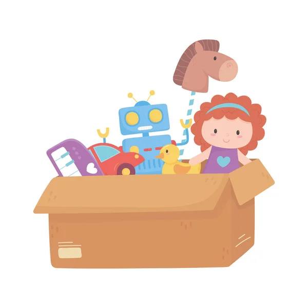 Boneca robô carro pato brinquedos objeto para crianças pequenas para jogar desenhos animados em caixa de papelão —  Vetores de Stock