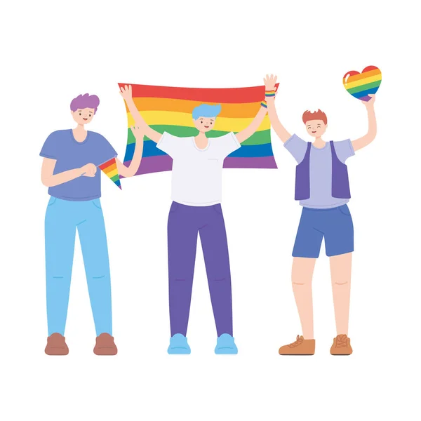 LGBTQ komunita, postava mladých mužů s duhovými vlajkami a srdcem, gay průvod protest proti sexuální diskriminaci — Stockový vektor