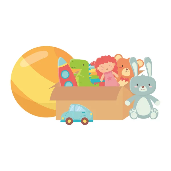 Crianças brinquedos caixa de papelão cheio com bola de dinossauro de foguete de urso de boneca e objeto de carro desenhos animados divertidos —  Vetores de Stock
