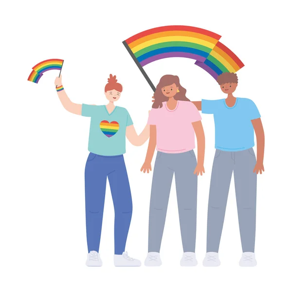 Lidé drží duhu lgbtq vlajku v rukou, gay průvod protest sexuální diskriminace — Stockový vektor