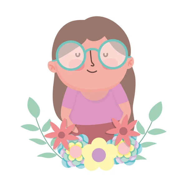Día de los abuelos, linda abuela de dibujos animados carácter flores follaje decoración — Vector de stock