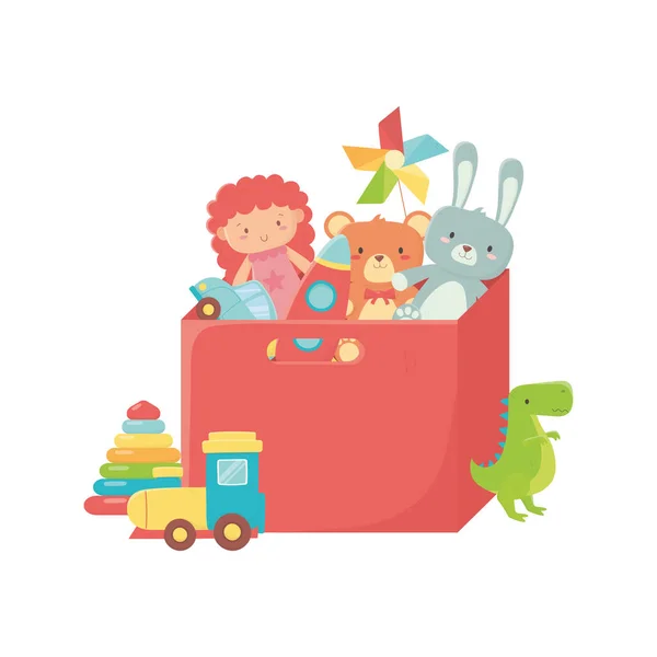 Дитячі іграшки червона коробка з ляльковим кроликом ведмідь автомобільний поїзд і об'єкт динозавра кумедний мультфільм — стоковий вектор