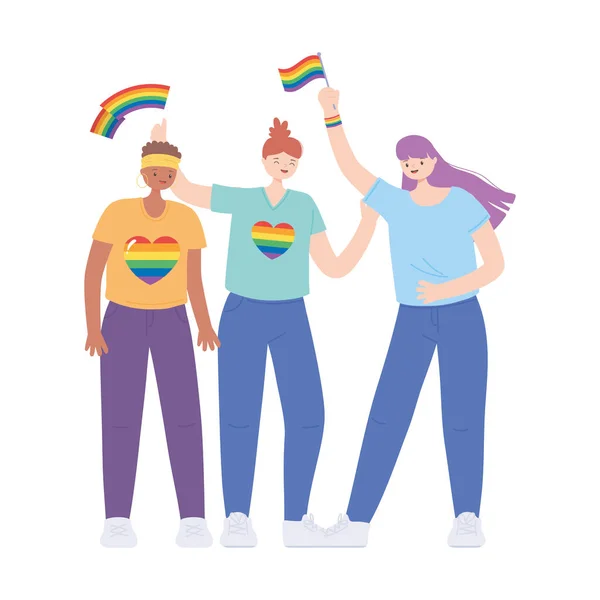 Comunità LGBTQ, gruppo di lesbiche con bandiere arcobaleno, sfilata gay protesta contro la discriminazione sessuale — Vettoriale Stock