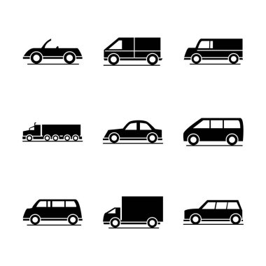 araba modeli spor kamyonet nakliye aracı siluet tarzı simgeler dizayn edildi