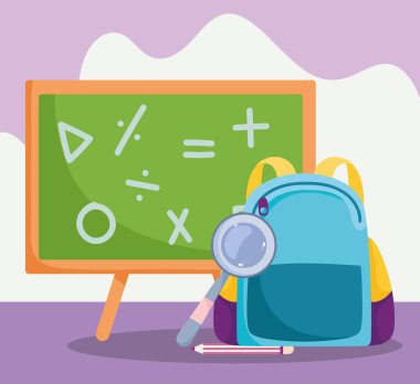 Okula dönüş, karatahta kalem ve ilköğretim karikatürü.