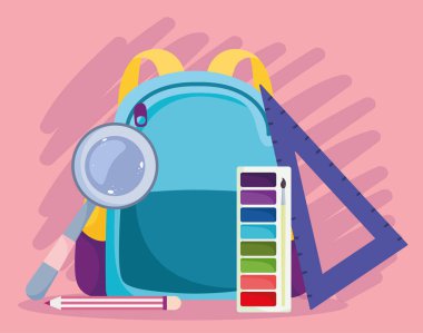 Okula, sırt çantasına kalem rengi paletçisine ve ilköğretim çizgi filmine.