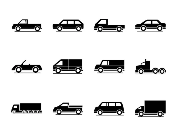 Araba model kamyon konteynır taşıyıcı taşıyıcı araç siluet tarzı simgeler dizayn edildi — Stok Vektör