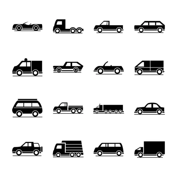 Modello auto consegna camion passeggero trasporto pubblico veicolo silhouette stile icone set design — Vettoriale Stock