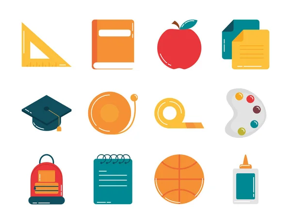 School education supply class stationery flat style icons set — Stock Vector