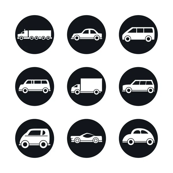 Bil modell sport lastbil van transport fordon siluett stil ikoner uppsättning design — Stock vektor