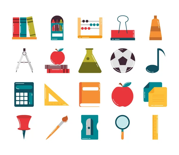 Schule Bildung Versorgung Klasse Schreibwaren flachen Stil Symbole gesetzt — Stockvektor