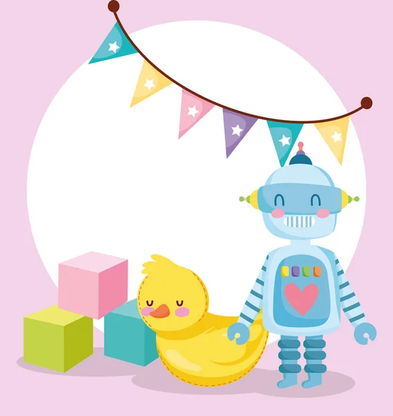 Spielzeugobjekt für kleine Kinder zum Spielen von Cartoons, Gummi-Entenrobotern und Würfeln — Stockvektor