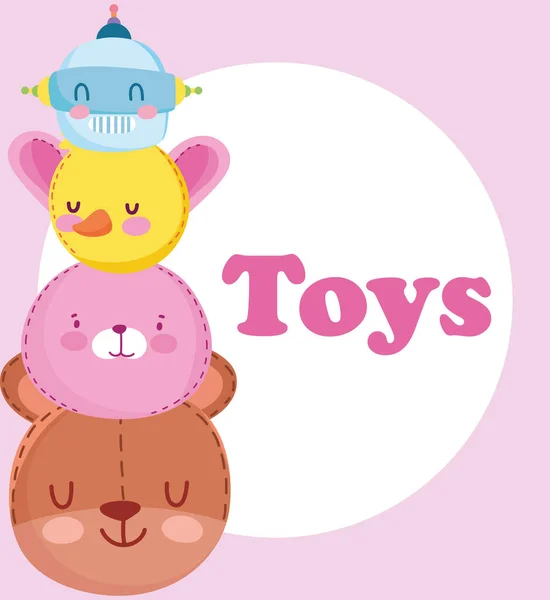 Игрушки объект для маленьких детей, чтобы играть мультфильм, милый медведь кролик робот и утка лица — стоковый вектор